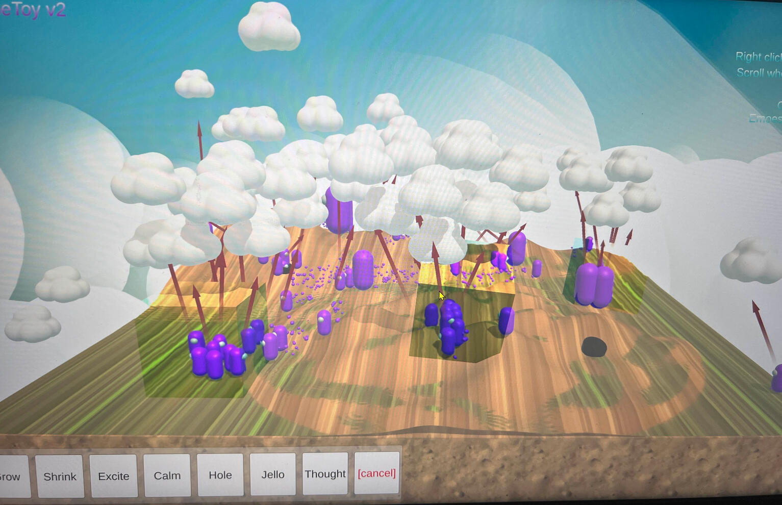 An early prototype of the game. Emoes travel around the map and affect it chaotically.