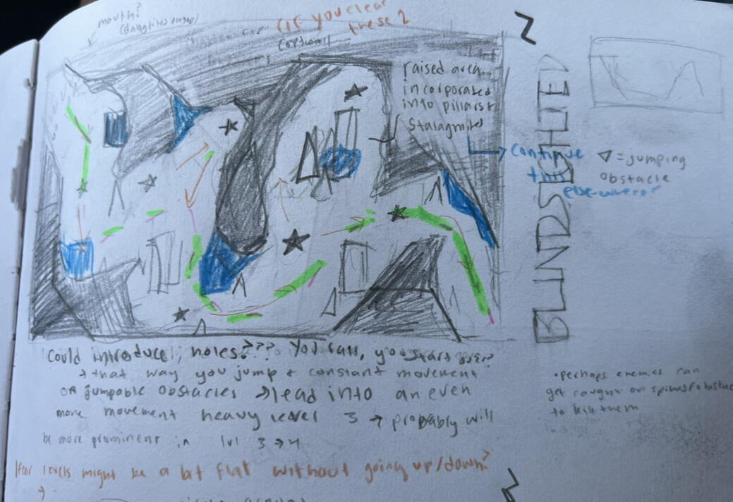 Second level, introducing more obstacles, but slightly more linearity. Since the levels loop, I wanted this one to be a break of sorts from the more intense branching of the other levels.