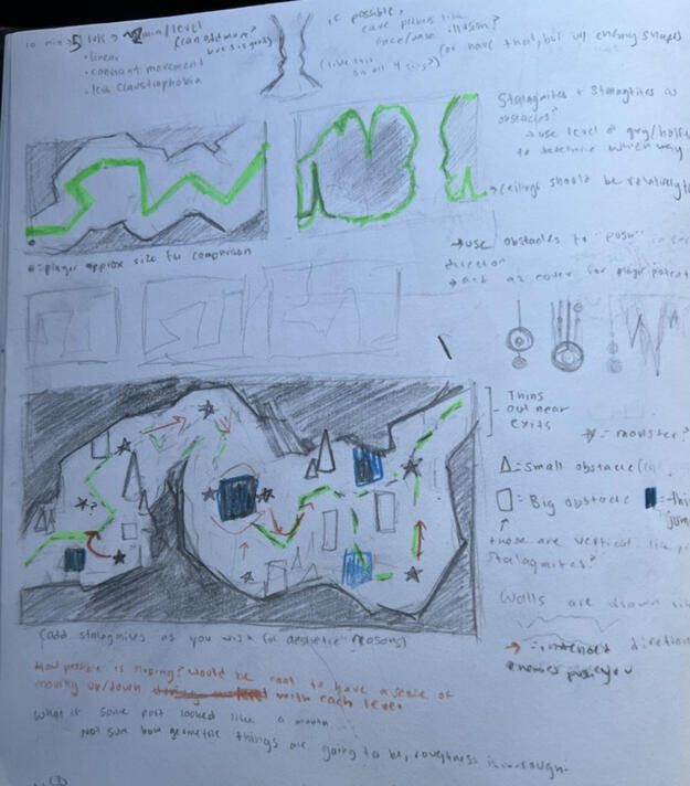 The first level layout + a few drafts and some thought process. This serves as a tutorial, introducing branching paths as the level progresses.