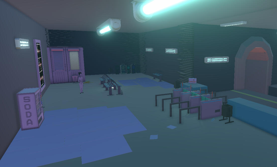 The first station - a lonely, monochrome, and utilitarian environment. As you help a worried businessman, the turnstiles turn into playmats welcoming you to the train.