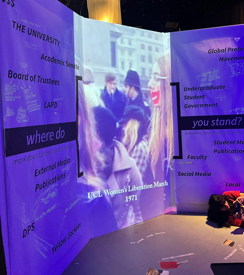 The right side showcased a video on the history of student protests in the center of a powermap inviting guests to mark &quot;where they stand&quot; among the university&#39;s entangled power systems. Featuring me in the corner.