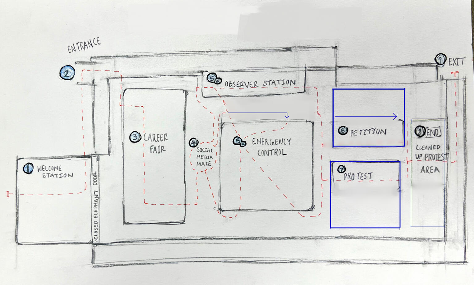 Edited maze layout reflecting later changes. The petition and protest areas became significantly larger, and the viewing room was replaced a barricade queue.