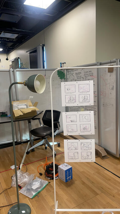 A test of the fishing line hanging the memorial animation storyboards in the lab.