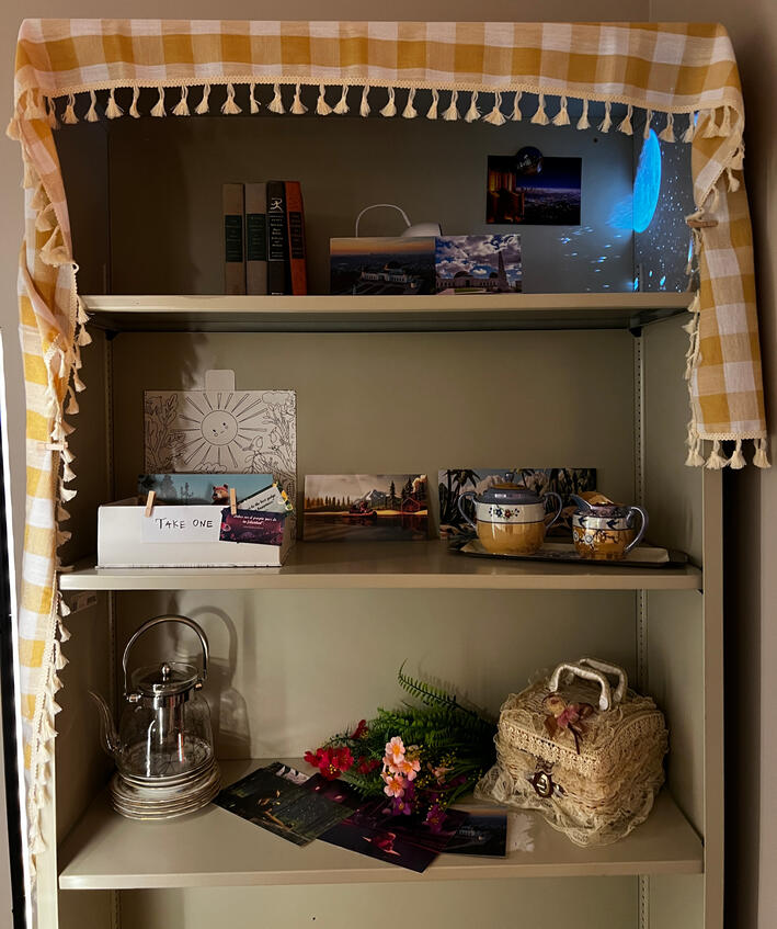 The shelf on the left side of the room. The room lights are on here, making it difficult to see, but the night sky is projected on the top. Each shelf represents something from the life of the patient this room housed.