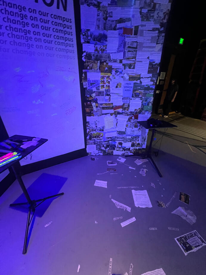 Full media collage with path to the video wall I assembled using newspaper clippings, online articles, and archival materials.